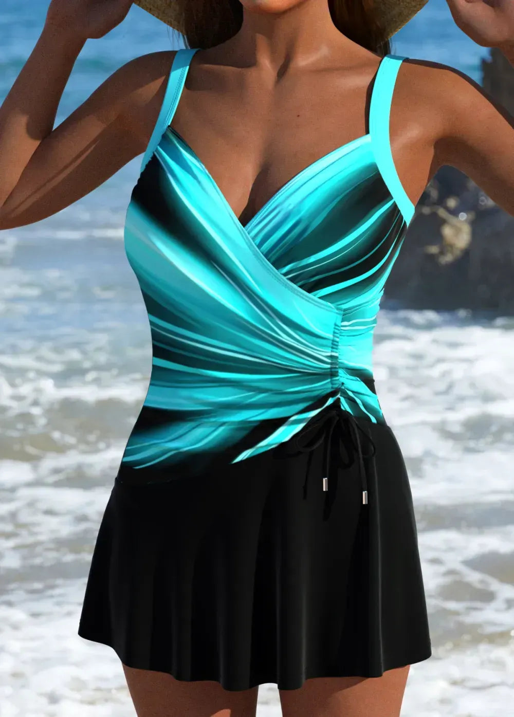 Drawstring Ombre Cyan One Piece Swimdress