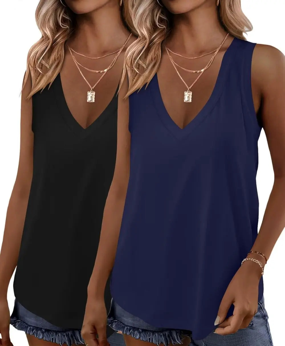 KKJ 2 Pack Womens Tank Tops Summer V Neck Sleeveless Loose Casual Blouses Beach Vacation Outfits Shirt Spring Trendy Clothes