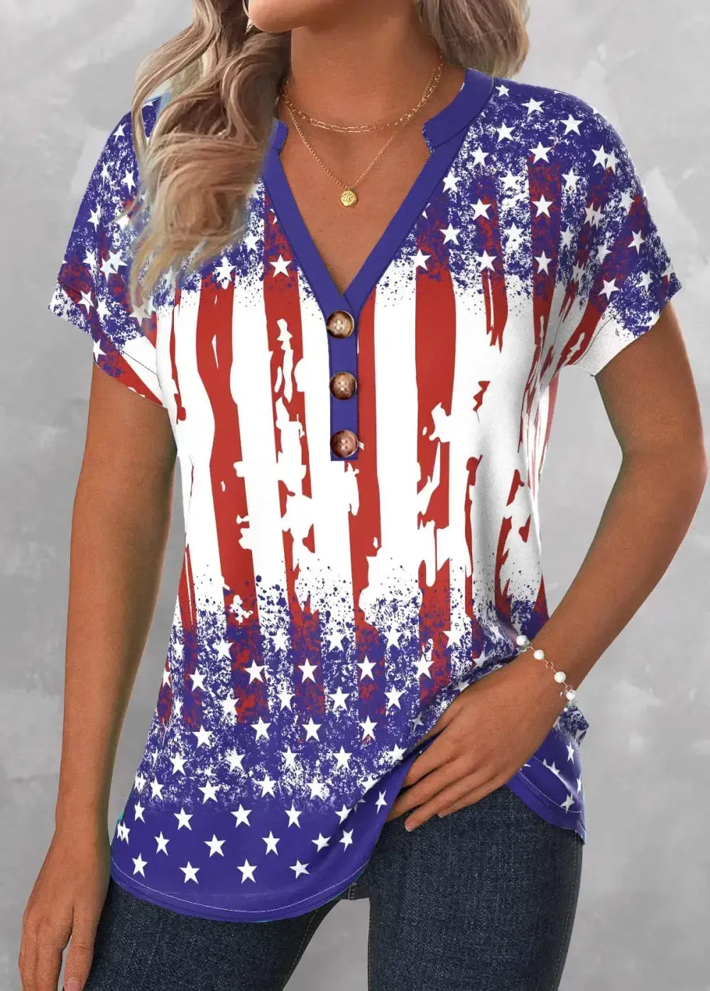 American Flag Blue Button Short Sleeve Split Neck Blouse