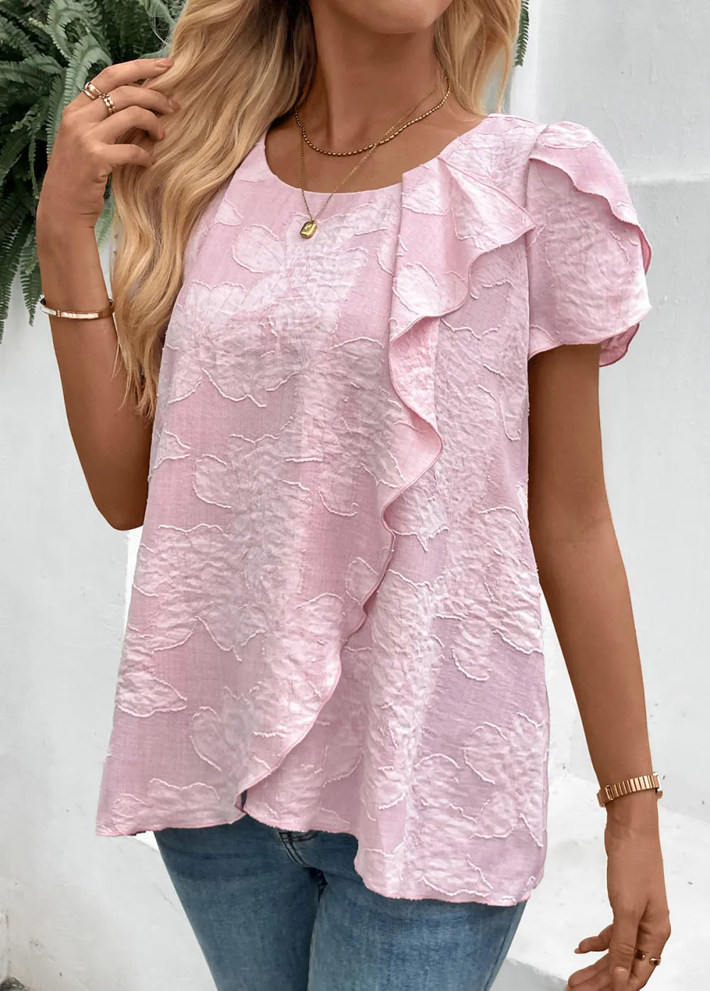 Pink Short Sleeve Round Neck T Shirt