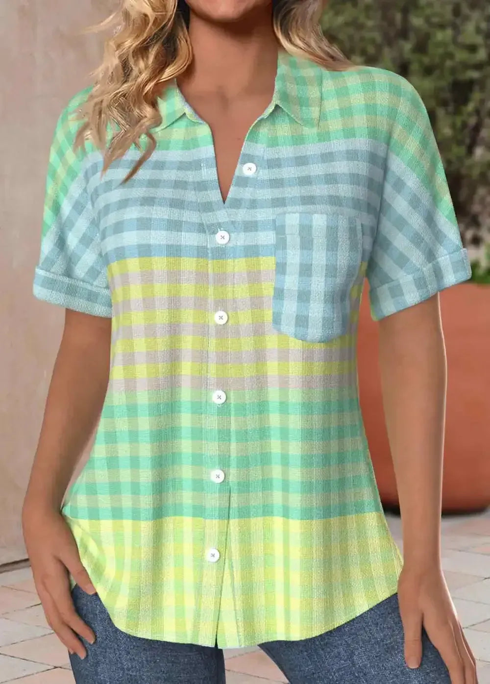 Multi Color Pocket Plaid Short Sleeve Shirt Collar Blouse
