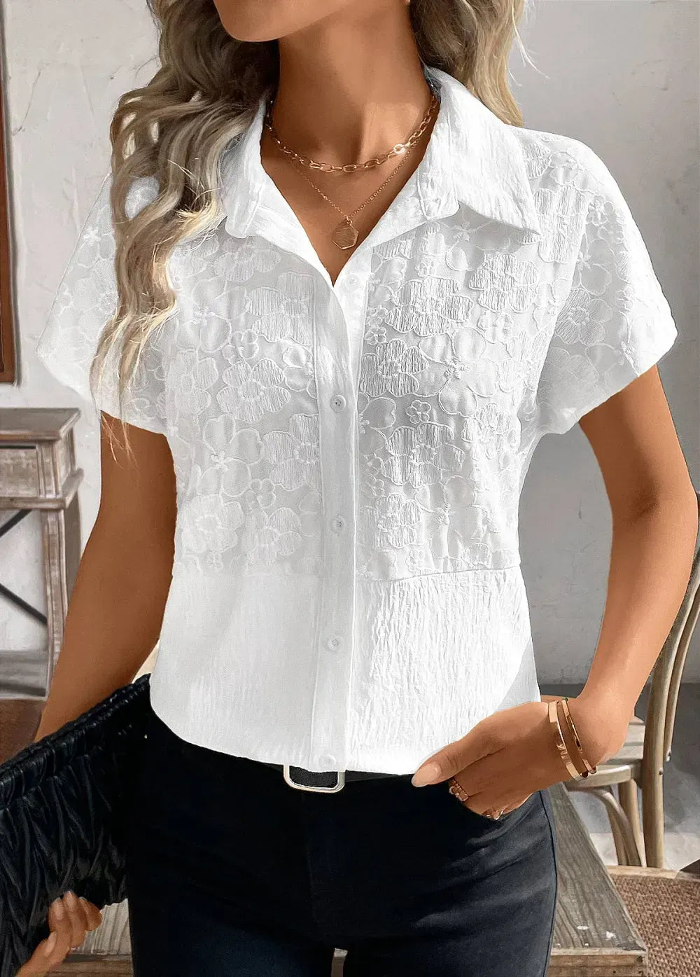 White Patchwork Short Sleeve Shirt Collar Blouse