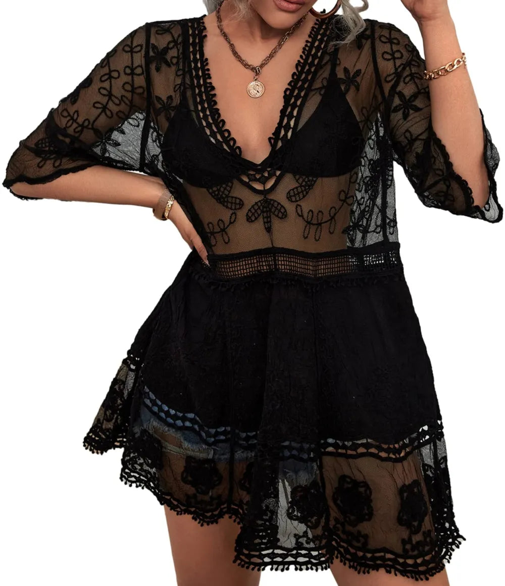 Women's Contrast Lace Bathing Suit Cover Up V-Neck Swimsuit Coverups Loose Swimwear Beach Dress Beachwear