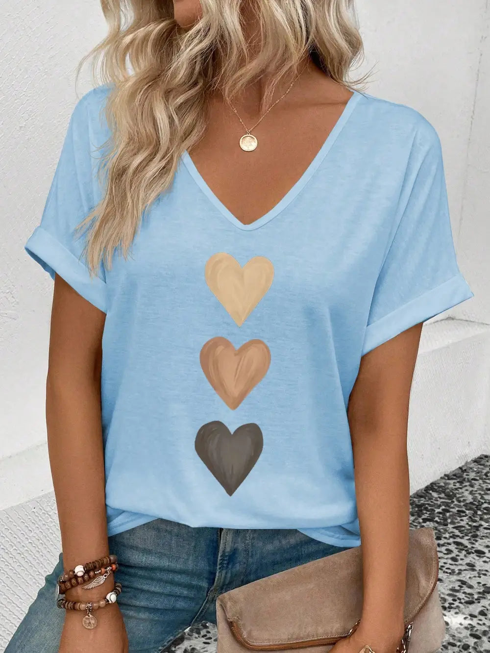 Women's V-Neck Ruffle Sleeve Ombre Heart Print Casual T-Shirt, Versatile For Spring & Summer