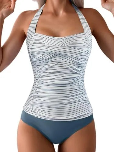Womens Halter Ruched Tummy Control Two Piece Tankini Set