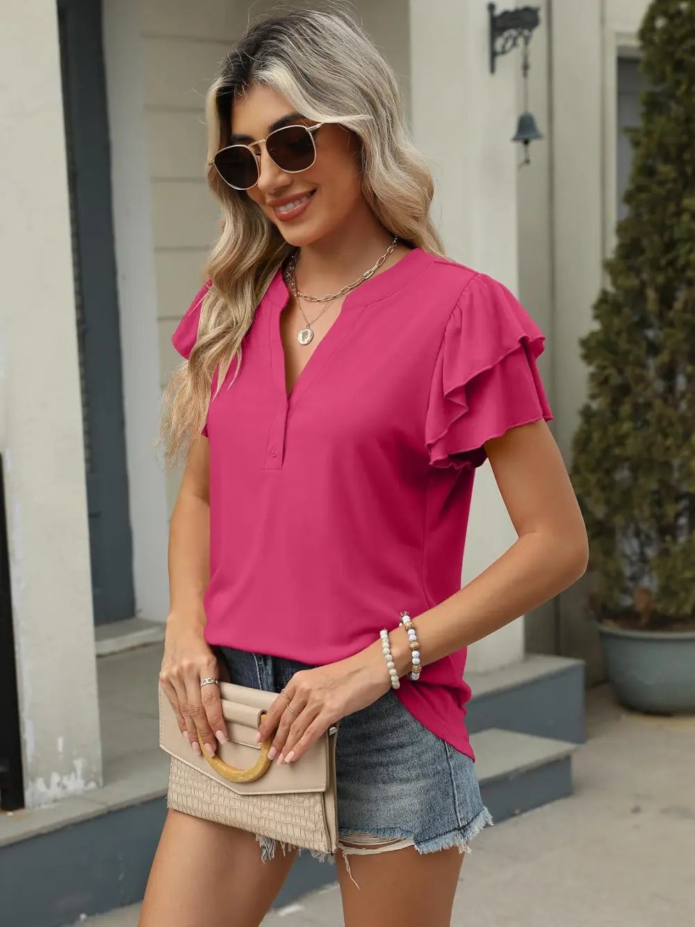 ANRABESS Womens Tops Dressy Casual Ruffle Short Sleeve V Neck Blouses Summer Button Down Business Work Elegant Shirts