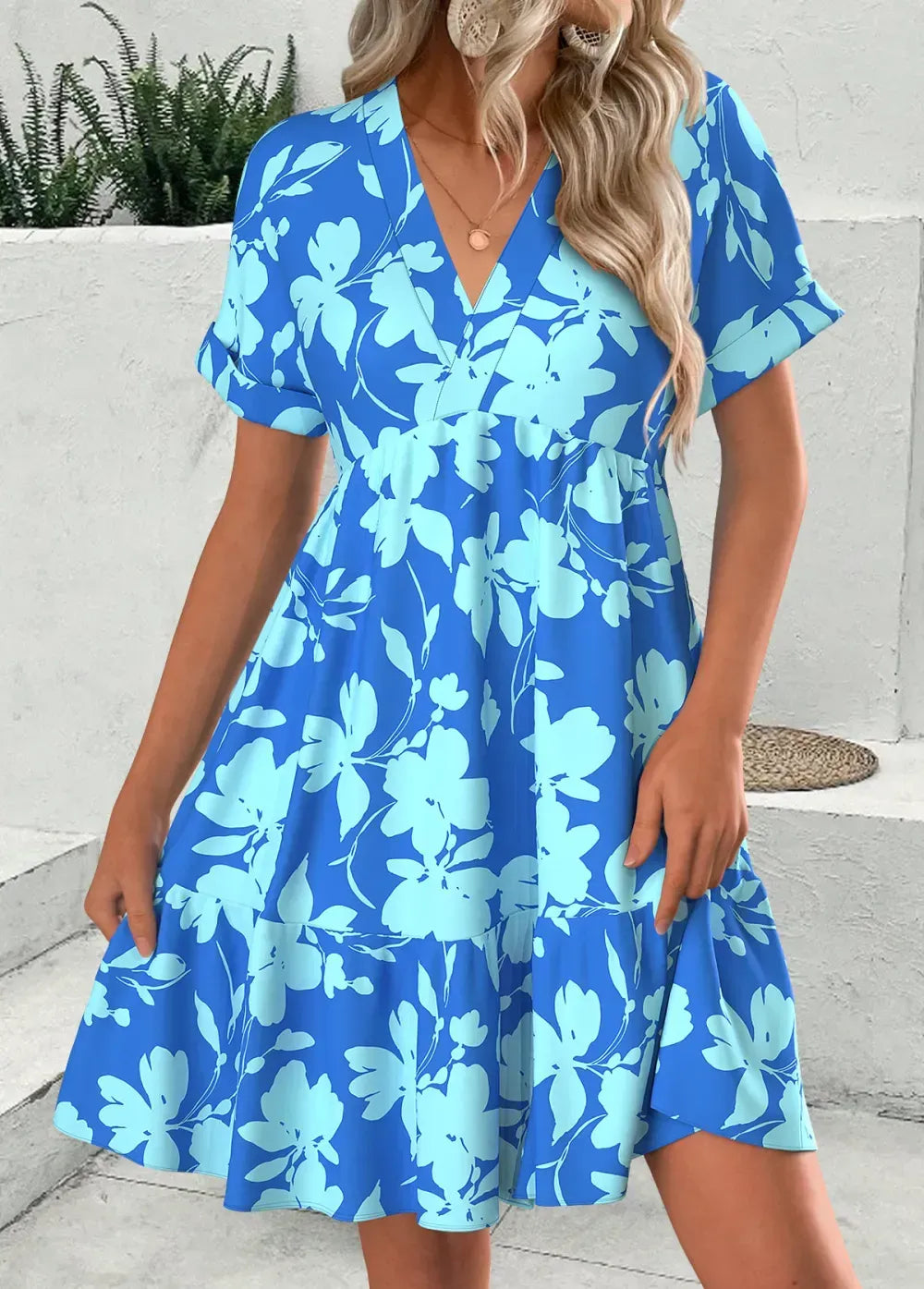 Blue Floral Print Short V Neck Dress