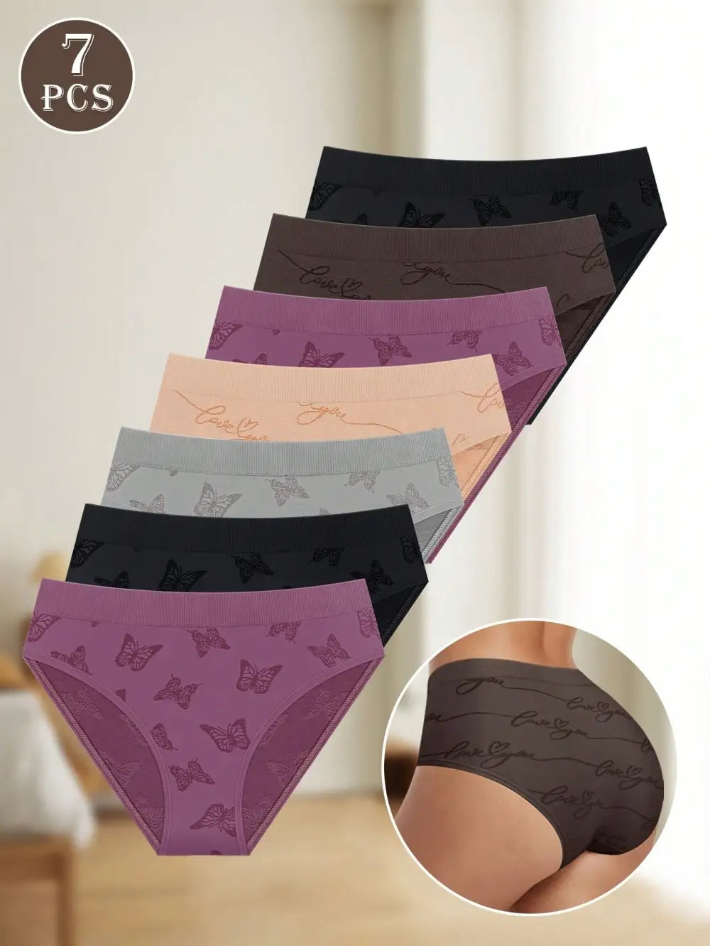 7pcs/Set Women Seamless Textured Underwear, Low Rise Fashionable Printed, Comfortable Fit