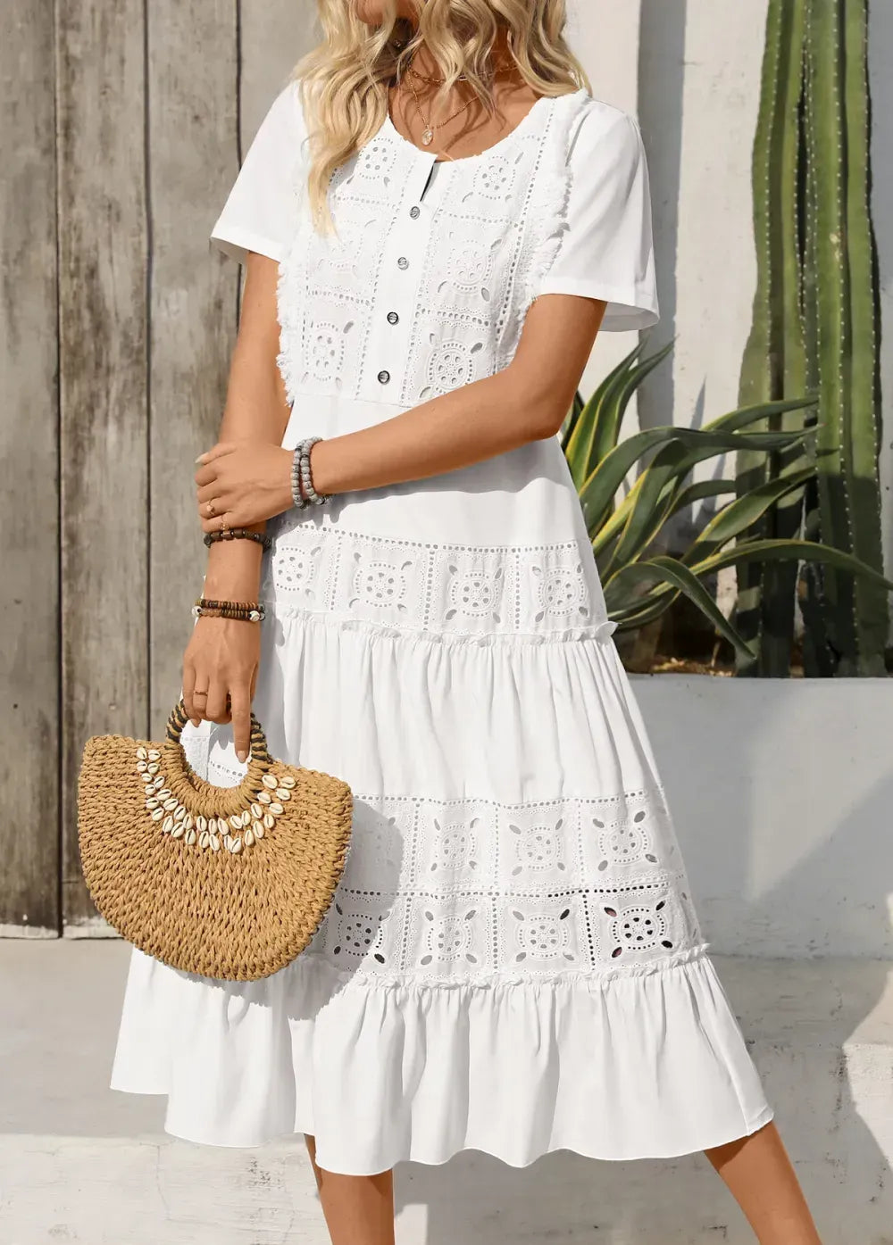 White Embroidery Short Sleeve Round Neck Dress