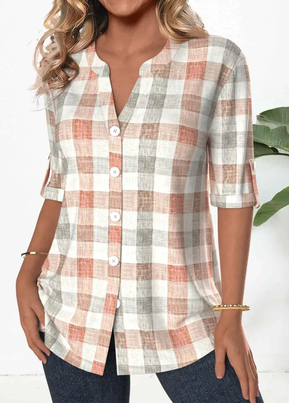 Orange Button Plaid 3/4 Sleeve Split Neck Blouse