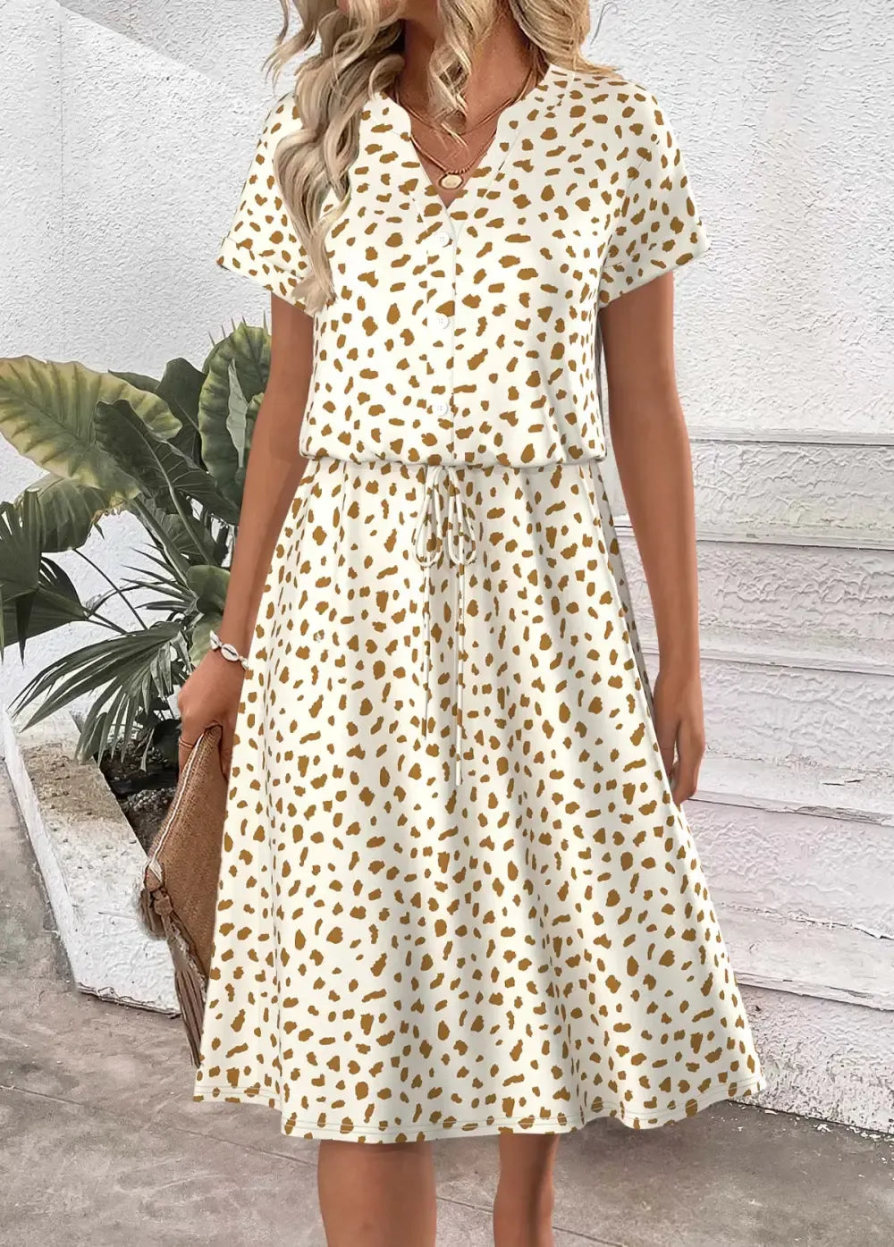 White Polka Dot Short Sleeve Split Neck Dress