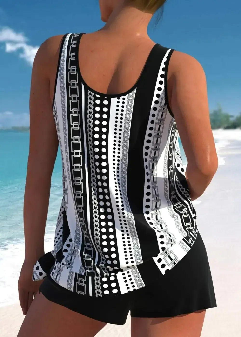 Bowknot Geometric Print Black Tankini Set