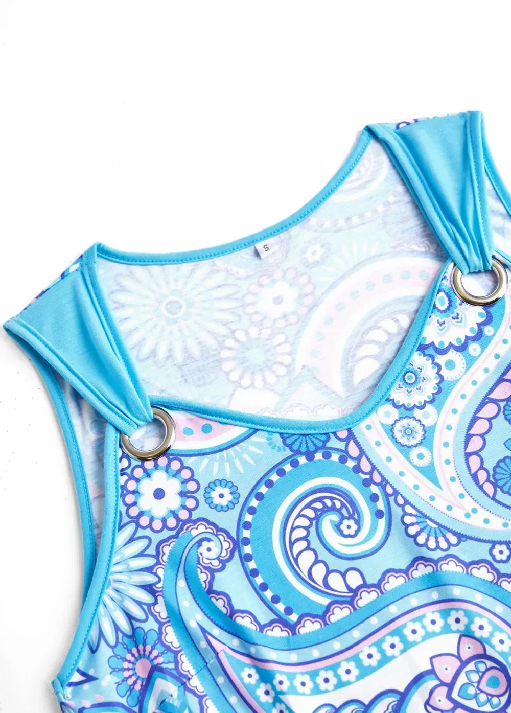 Light Blue Eyelet Tribal Print A Line Sleeveless Dress