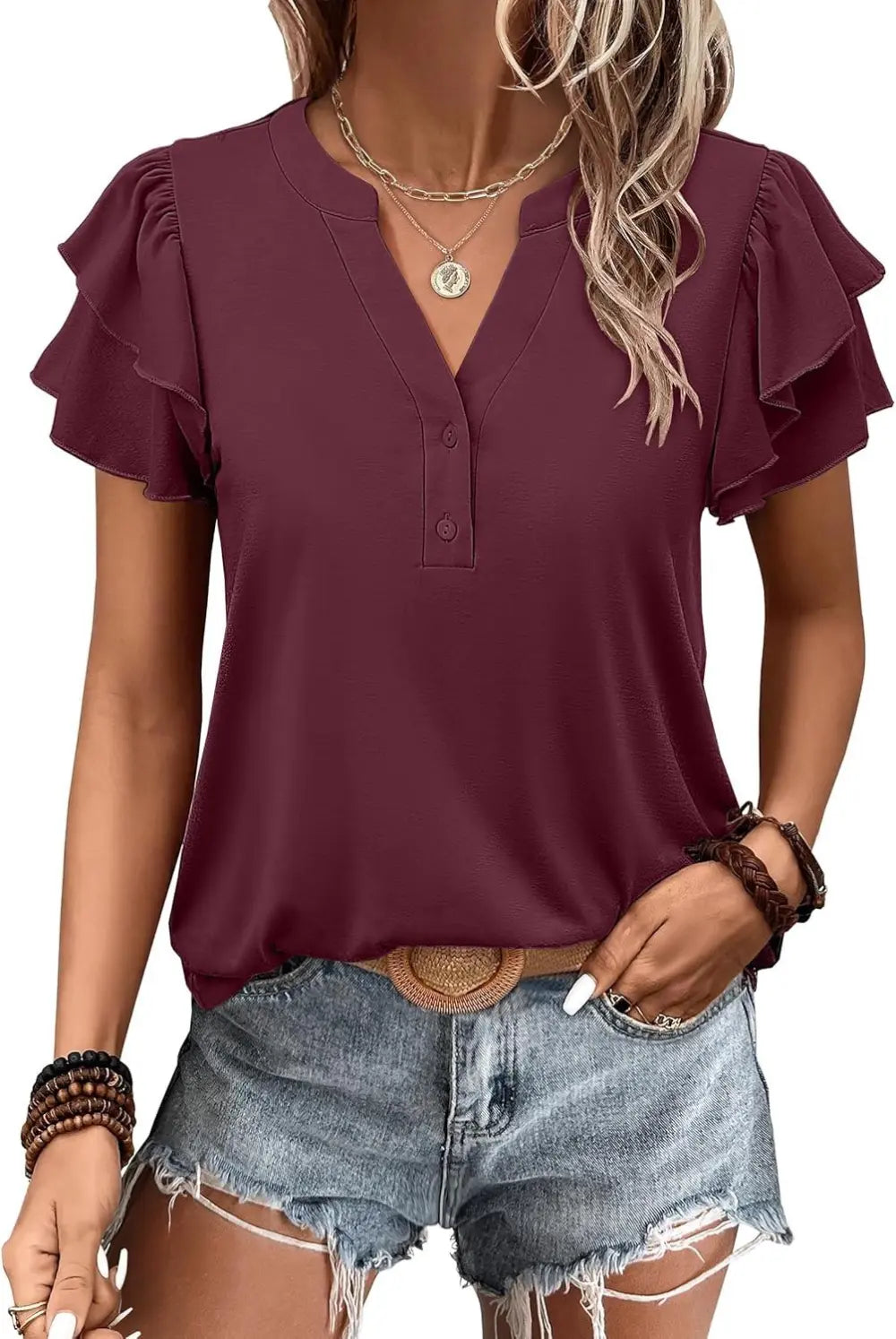 ANRABESS Womens Tops Dressy Casual Ruffle Short Sleeve V Neck Blouses Summer Button Down Business Work Elegant Shirts