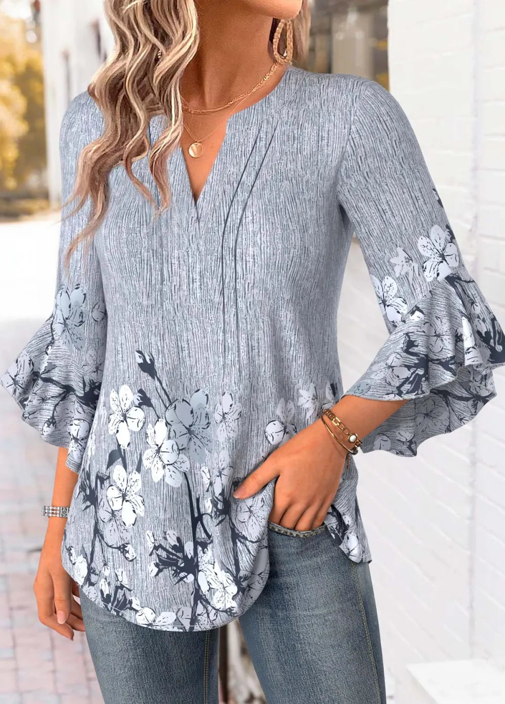Light Grey Marl Floral Print 3/4 Sleeve Blouse