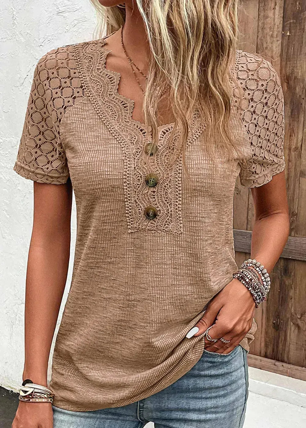 Dark Camel Lace Short Sleeve T Shirt