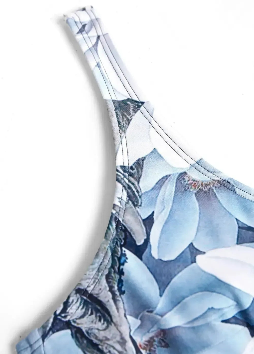 Tie Floral Print Denim Blue One Piece Swimdress