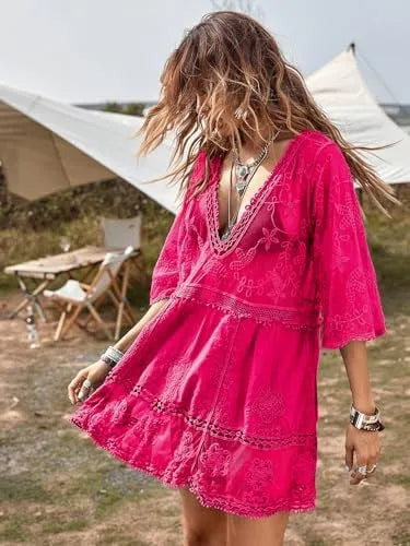 Women's Contrast Lace Bathing Suit Cover Up V-Neck Swimsuit Coverups Loose Swimwear Beach Dress Beachwear