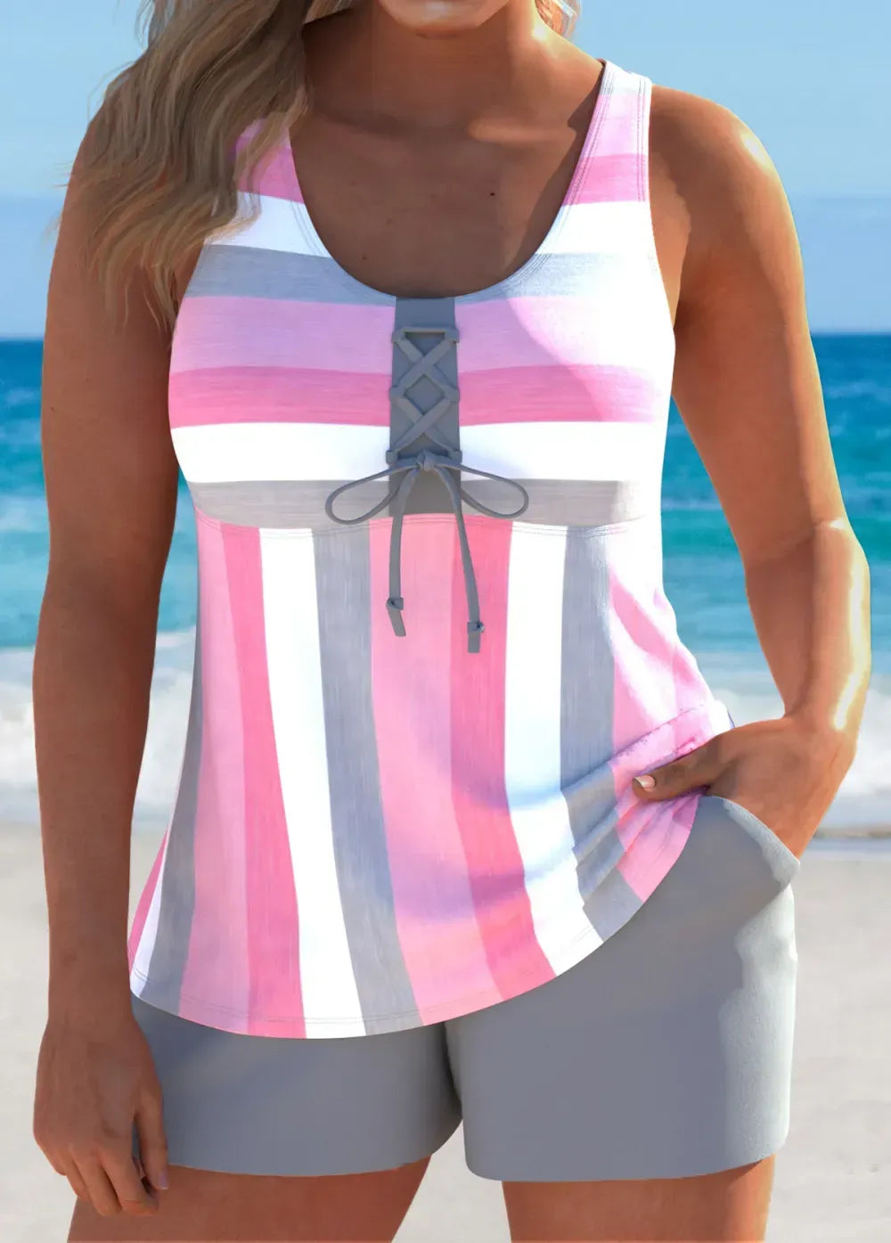 Lace Up Striped Pink Tankini Set