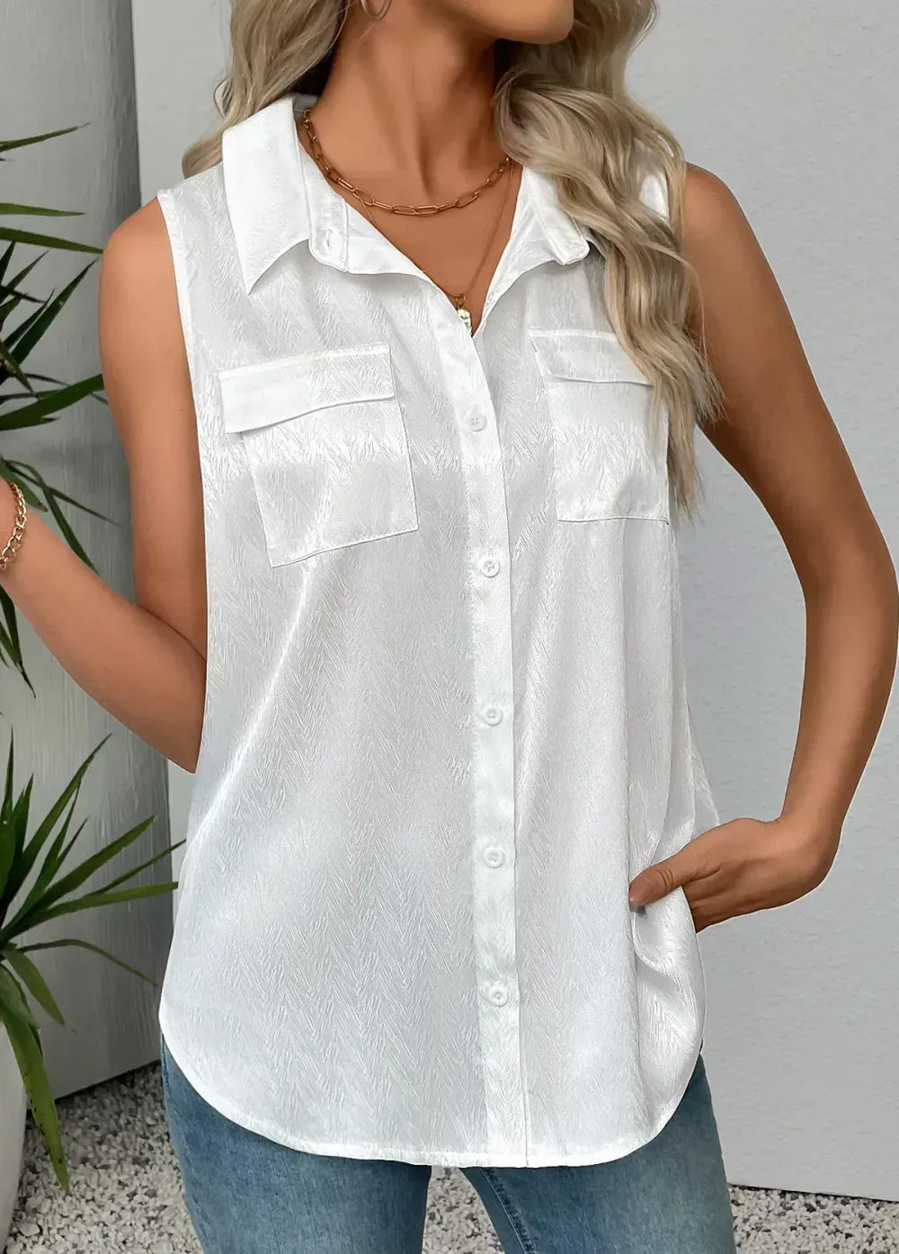 White Sleeveless Shirt Collar Tank Top