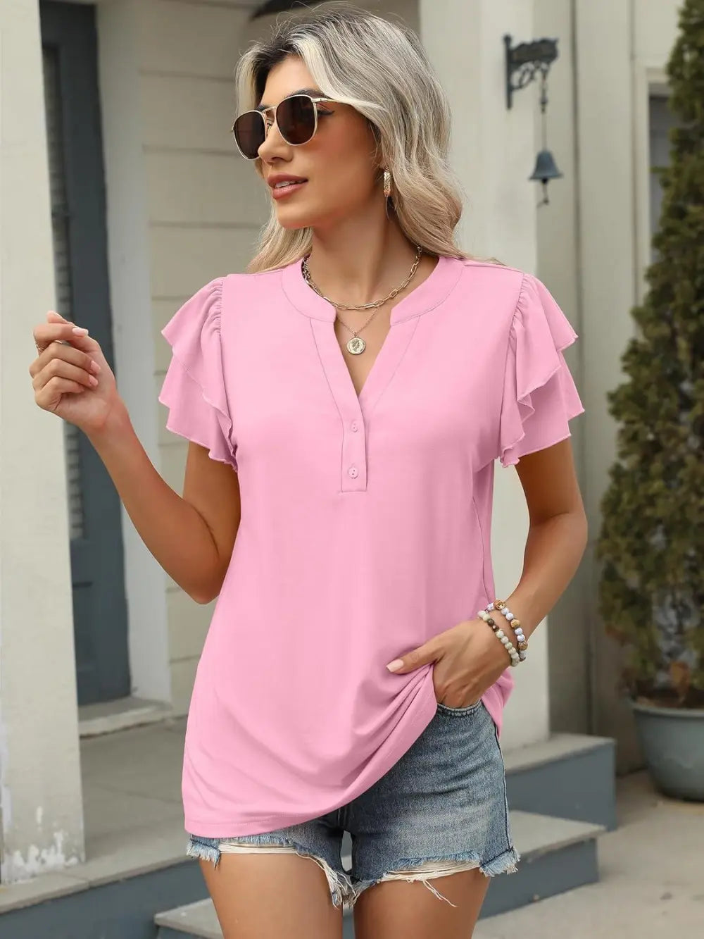 ANRABESS Womens Tops Dressy Casual Ruffle Short Sleeve V Neck Blouses Summer Button Down Business Work Elegant Shirts