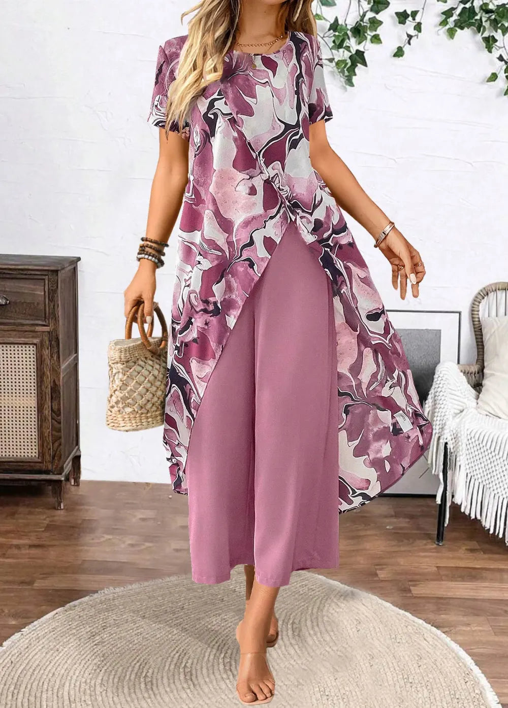 Dusty Purple Two Piece Floral Print Half Sleeve Top