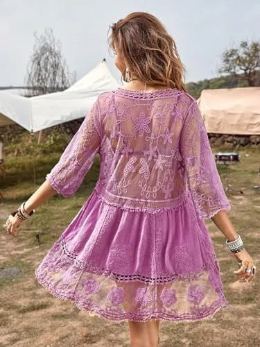 Women's Contrast Lace Bathing Suit Cover Up V-Neck Swimsuit Coverups Loose Swimwear Beach Dress Beachwear