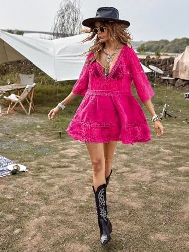 Women's Contrast Lace Bathing Suit Cover Up V-Neck Swimsuit Coverups Loose Swimwear Beach Dress Beachwear