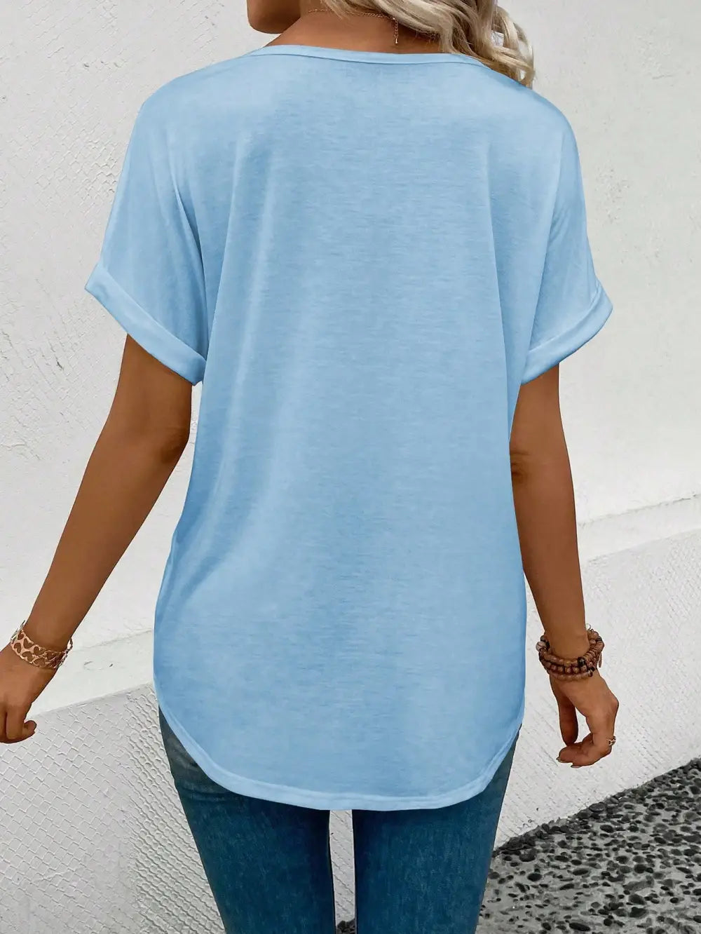 Women's V-Neck Ruffle Sleeve Ombre Heart Print Casual T-Shirt, Versatile For Spring & Summer