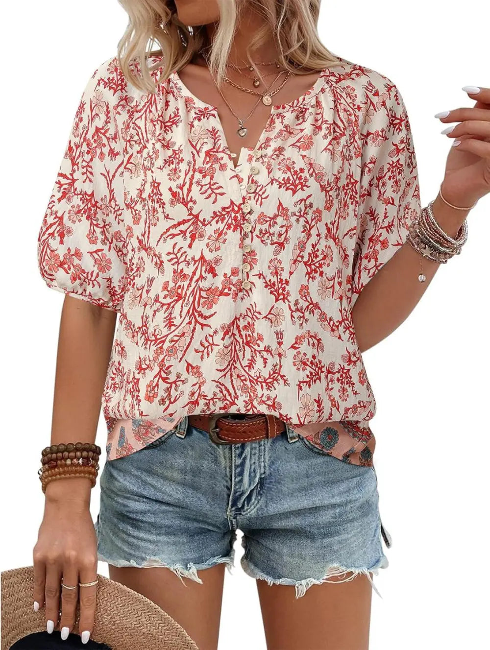 Unixseque Womens Summer Tops V Neck Short Sleeve Blouses Casual Button Down Shirts Floral Boho Clothing Trendy 2025