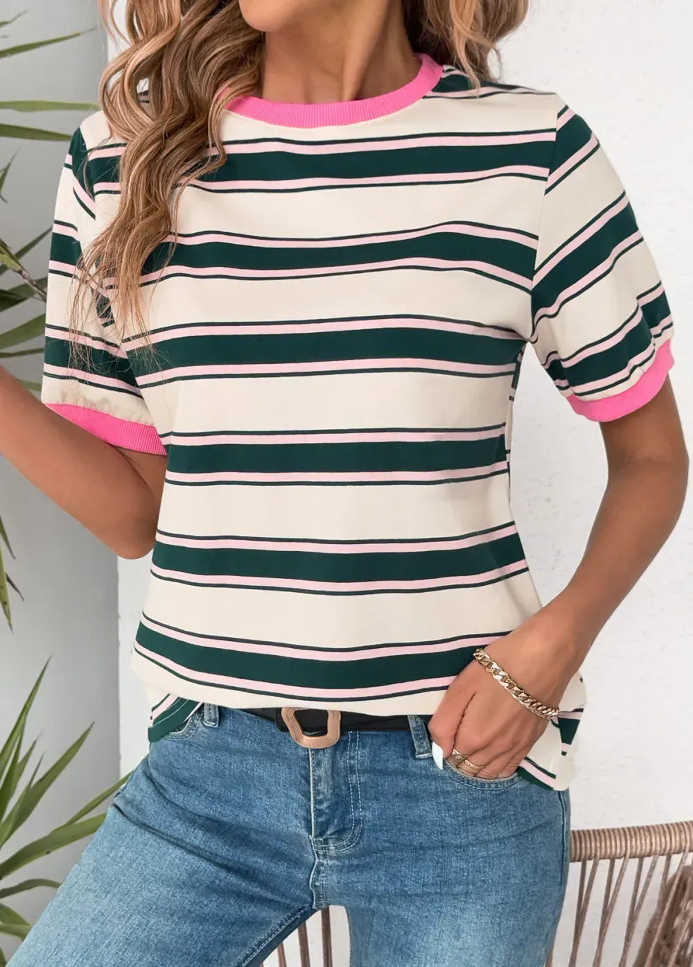 Multi Color Short Sleeve Round Neck T Shirt