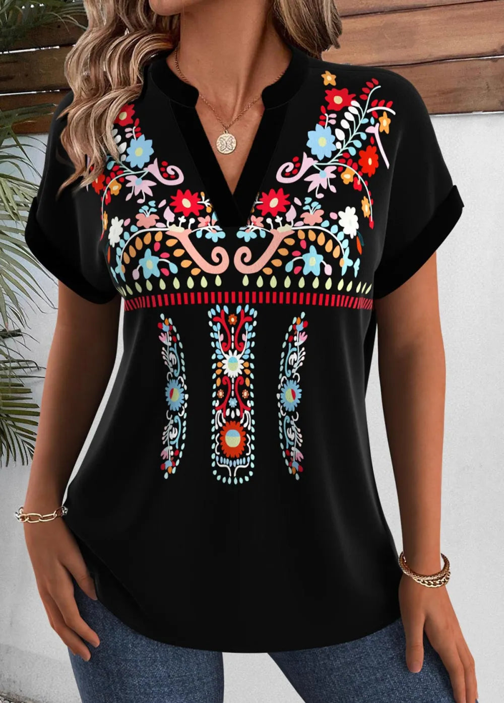 Black Tribal Print Short Sleeve Split Neck Blouse
