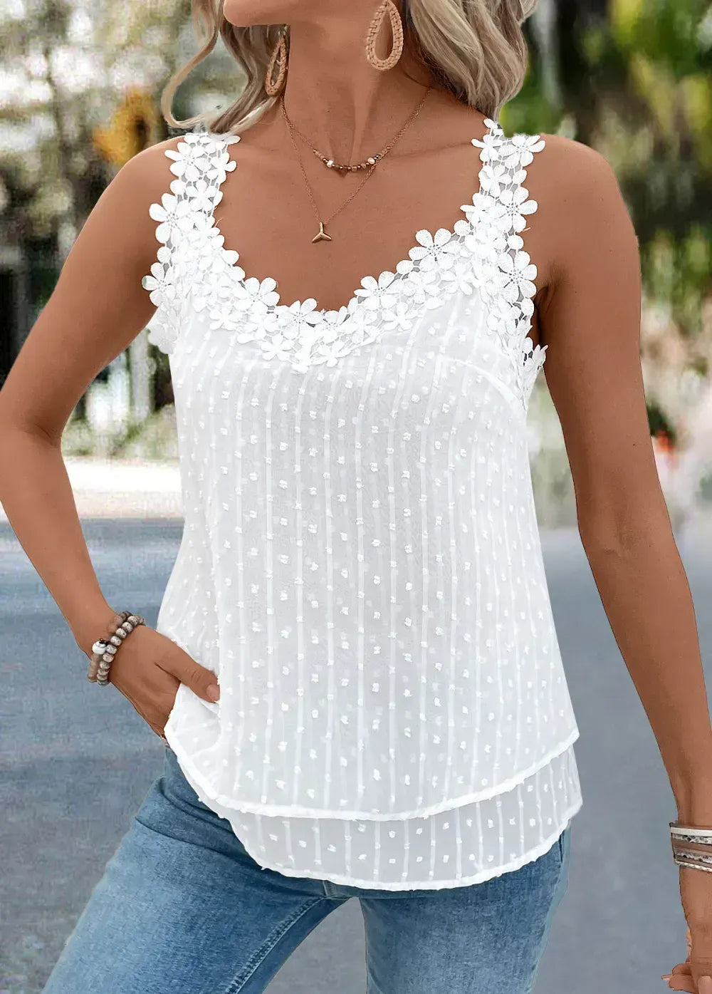 White Embroidery Sleeveless V Neck Tank Top