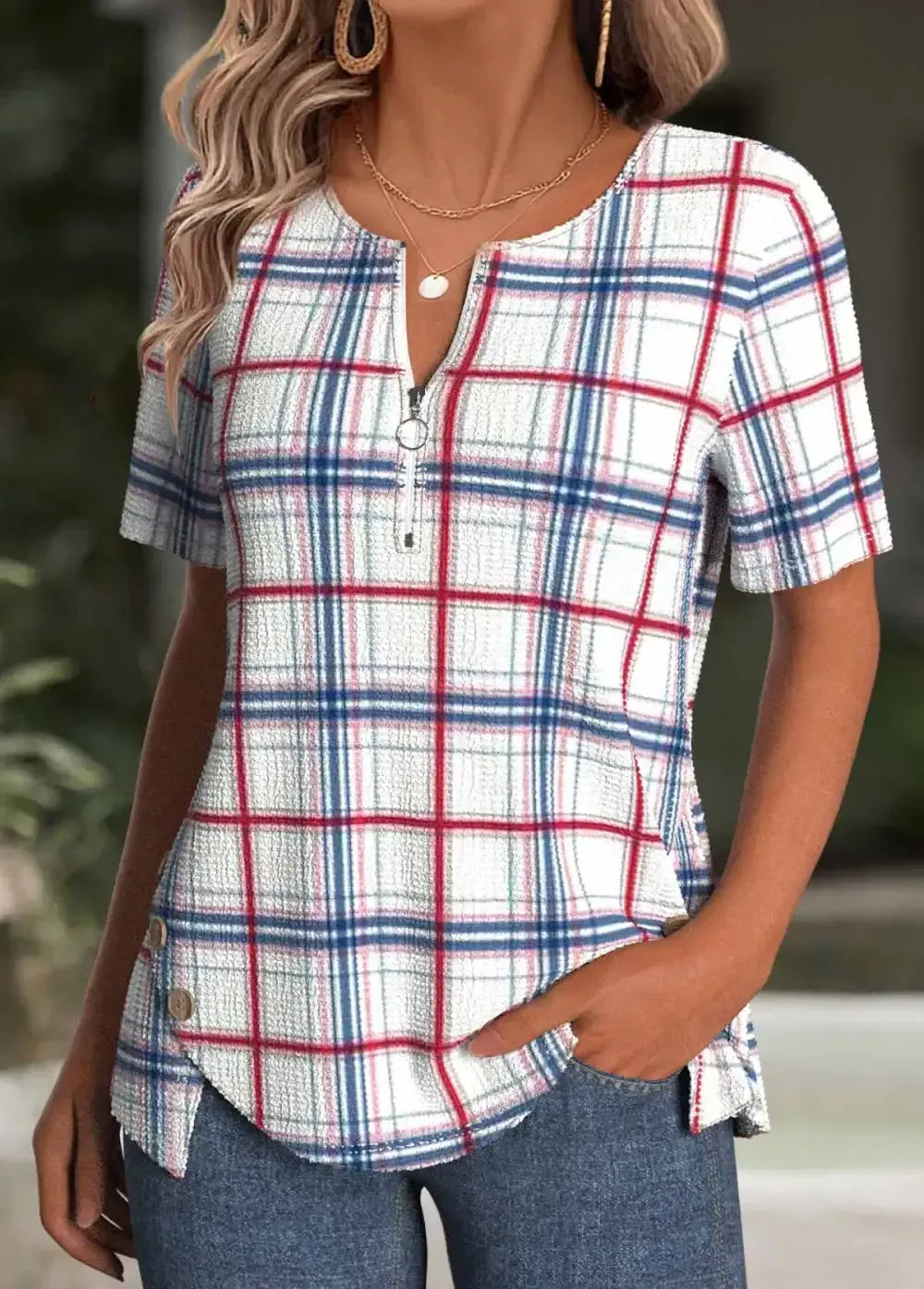 White Plaid Short Sleeve Round Neck T Shirt