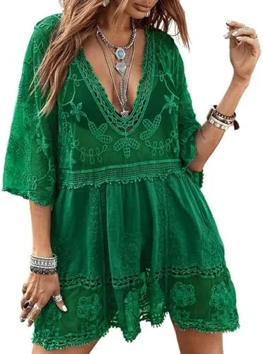 Women's Contrast Lace Bathing Suit Cover Up V-Neck Swimsuit Coverups Loose Swimwear Beach Dress Beachwear