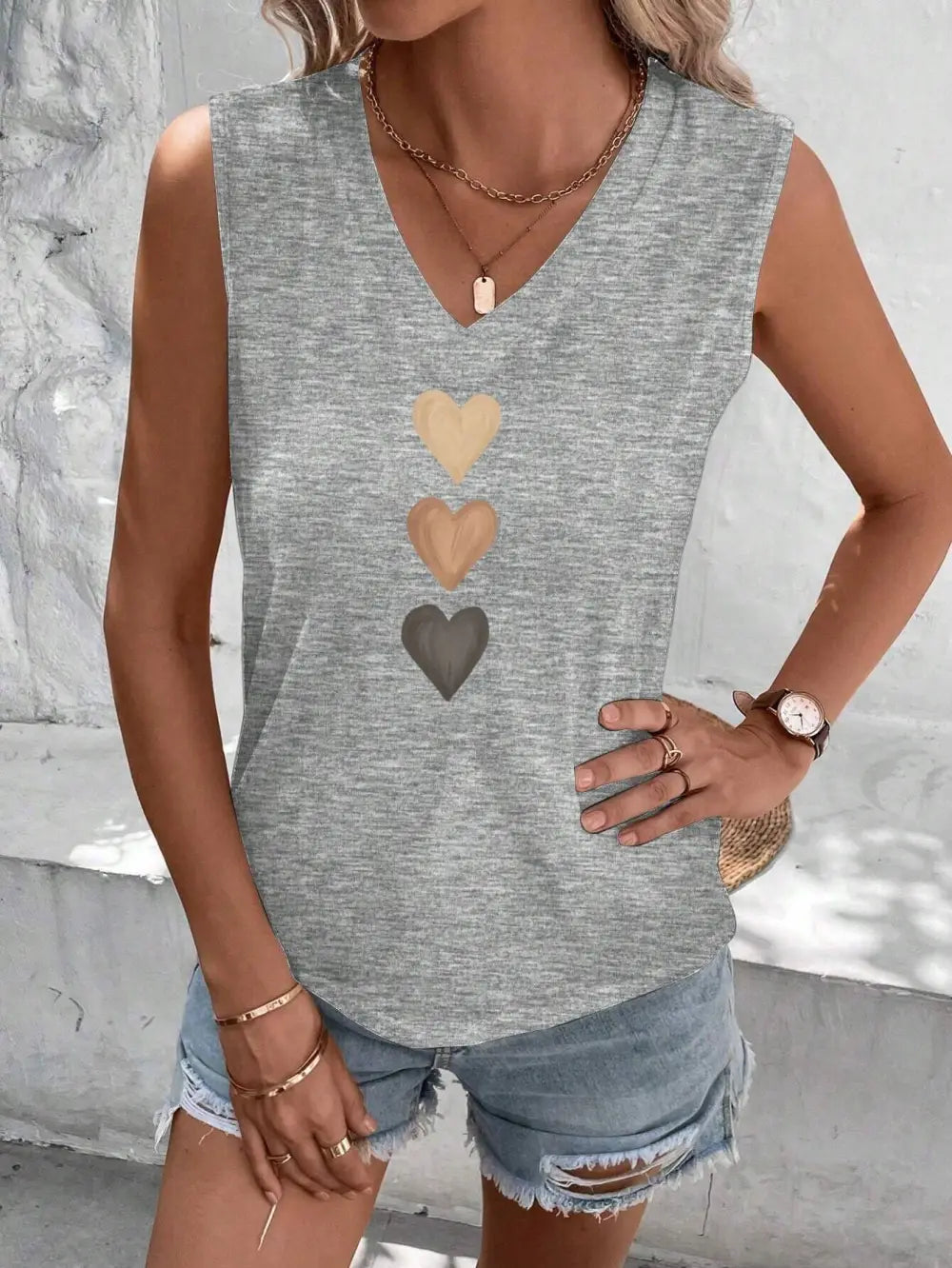 Casual Minimalist Heart Pattern Sleeveless Camisole Tank Top For Women, Suitable For Summer