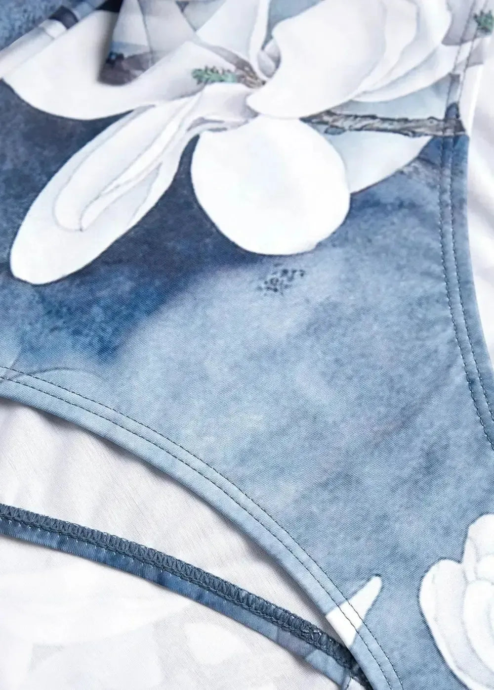 Tie Floral Print Denim Blue One Piece Swimdress