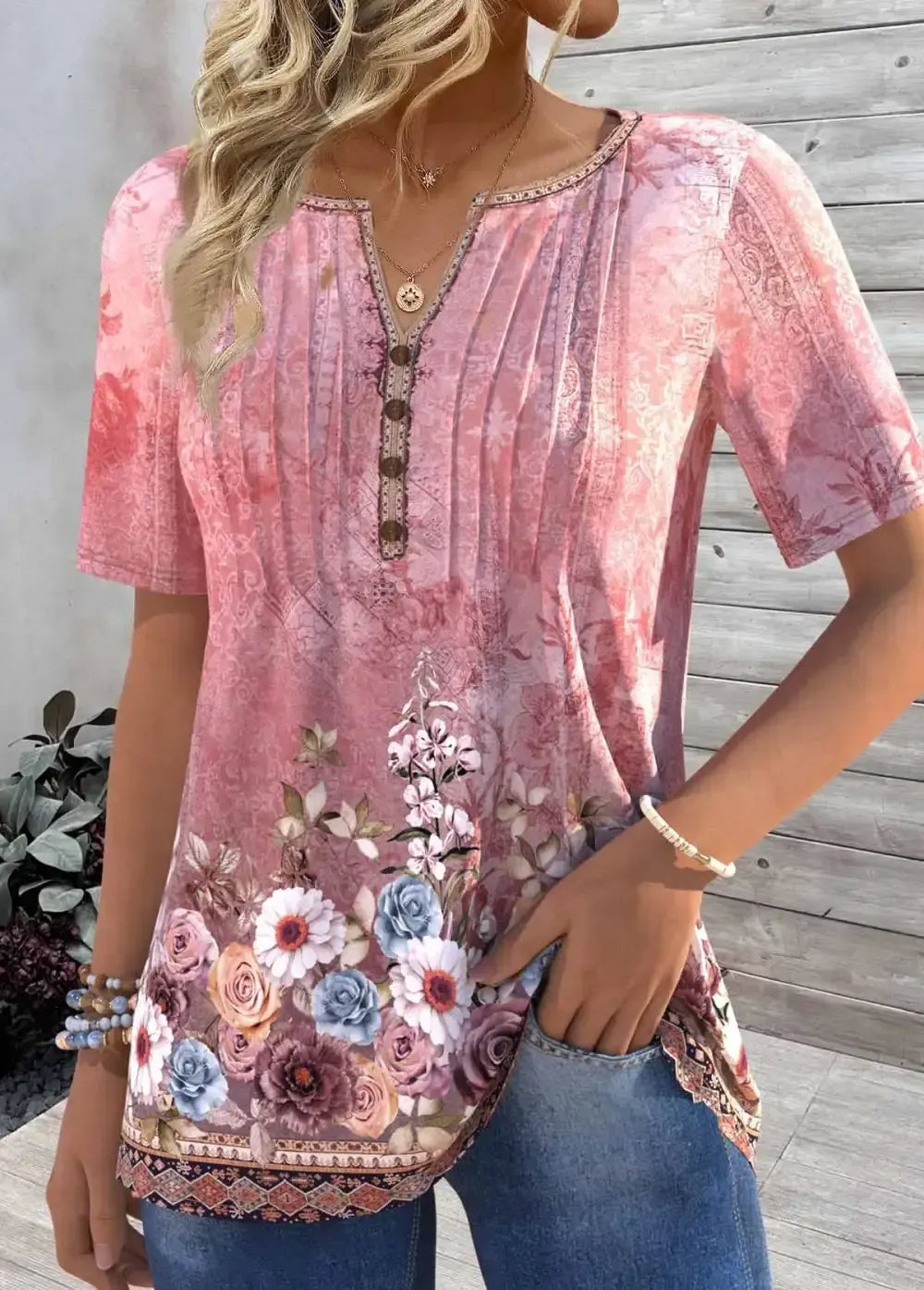 Pink Tuck Stitch Floral Print Short Sleeve T Shirt