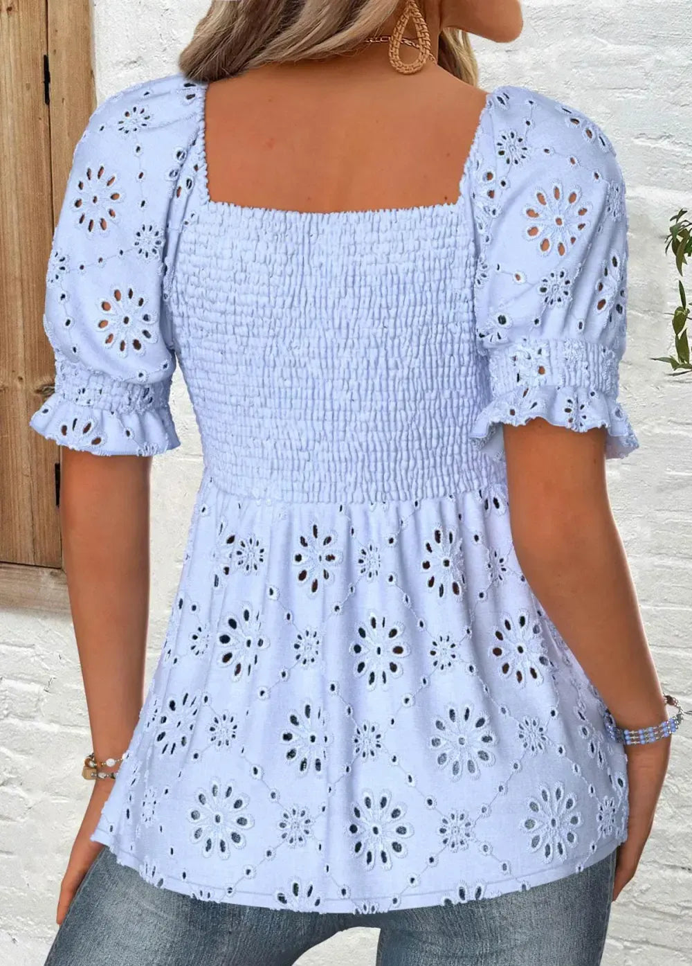 Dusty Blue Short Sleeve Square Neck Blouse