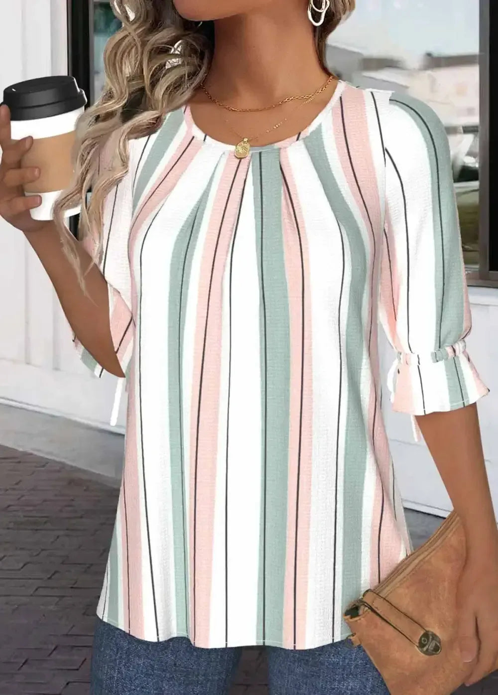 White Drawstring Striped Half Sleeve Round Neck Blouse