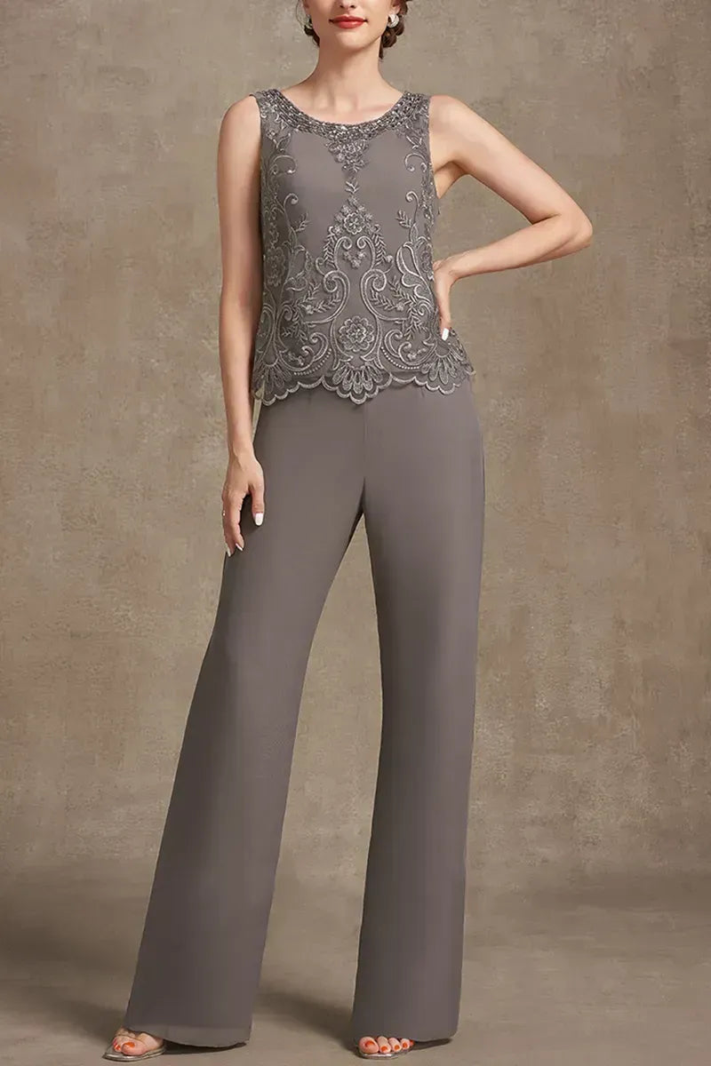Plus Size Embroidery Chiffon Three Pieces Set Pant Suits