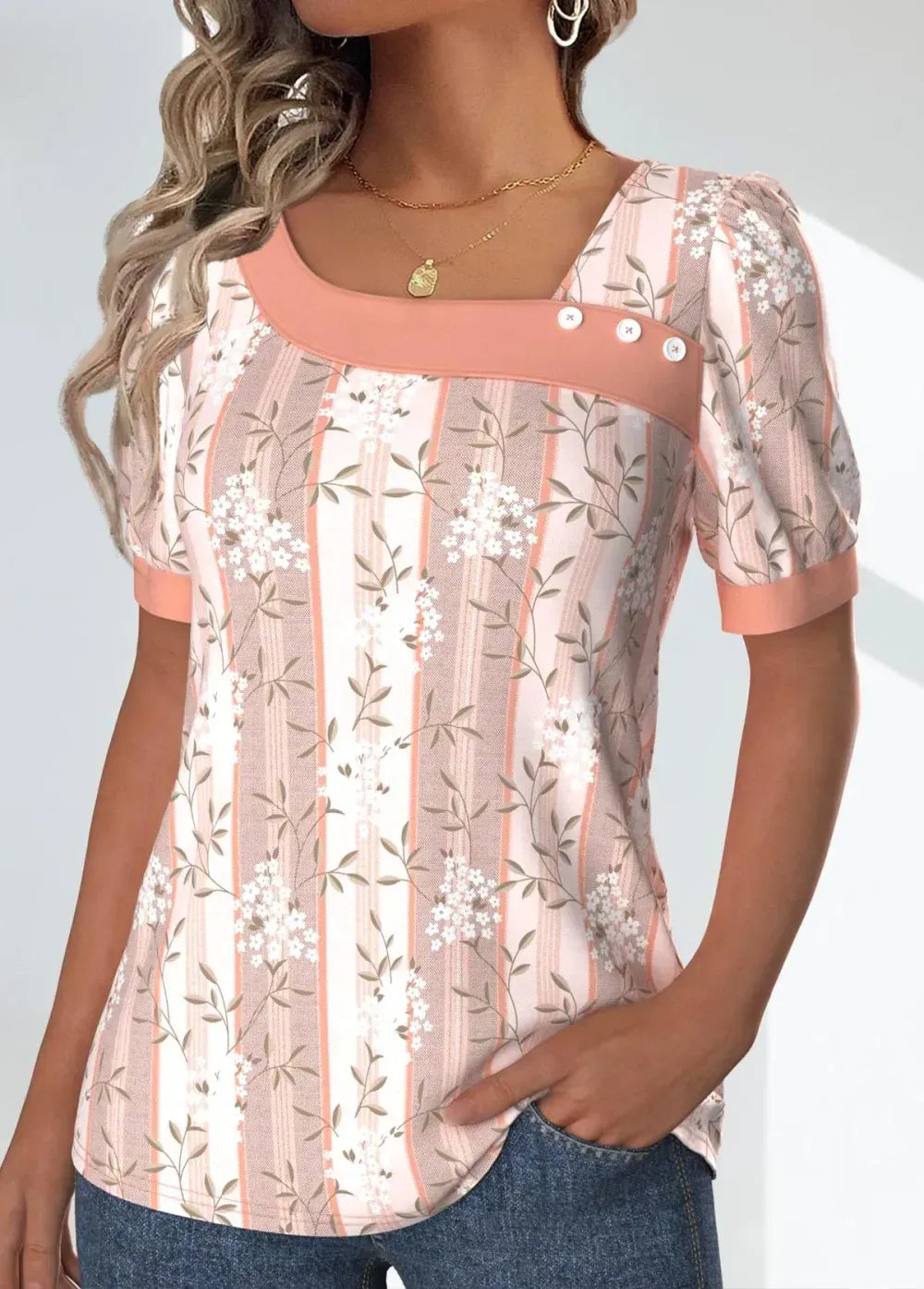 Light Pink Patchwork Floral Print Short Sleeve T Shirt