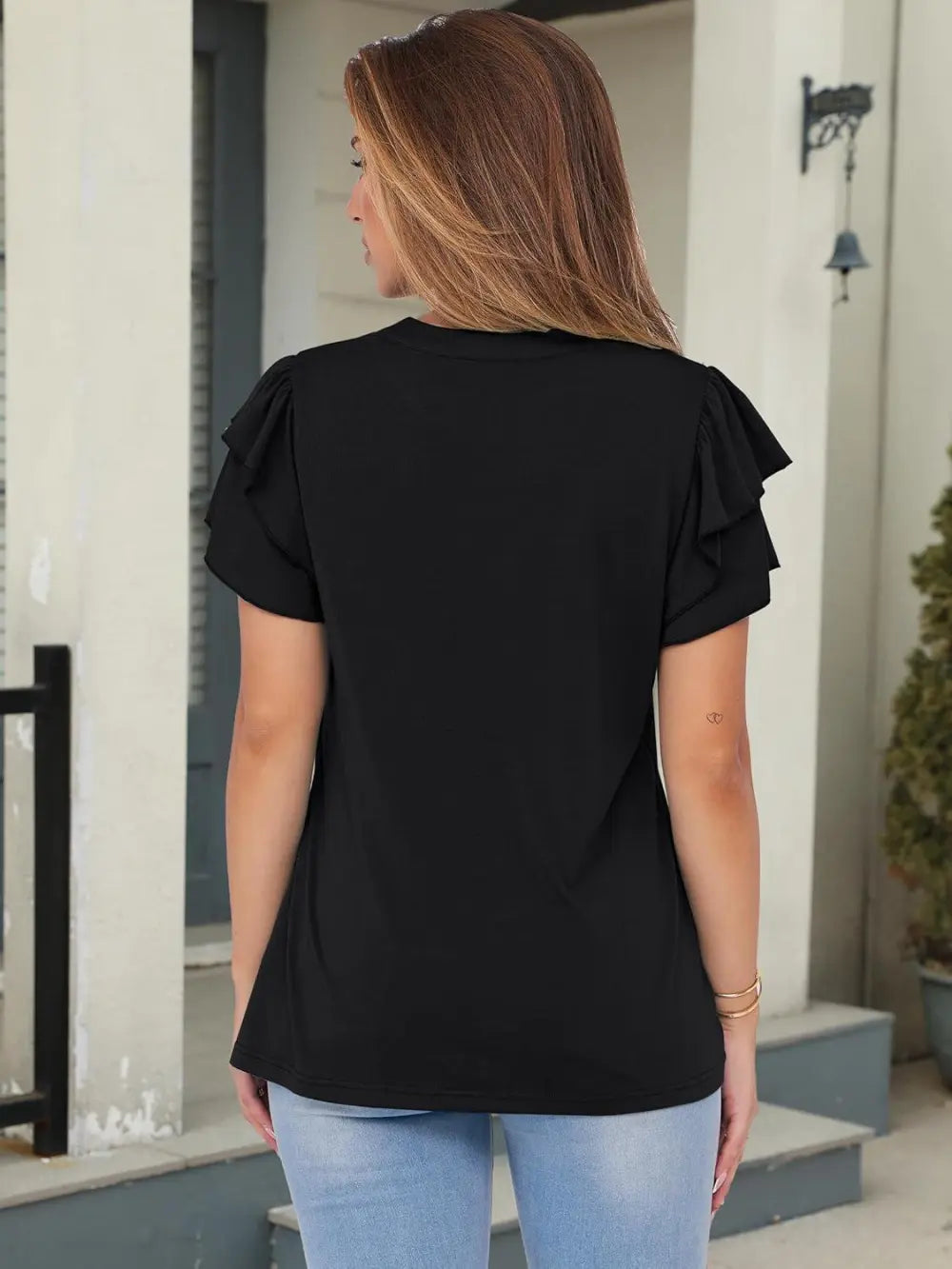 ANRABESS Womens Tops Dressy Casual Ruffle Short Sleeve V Neck Blouses Summer Button Down Business Work Elegant Shirts
