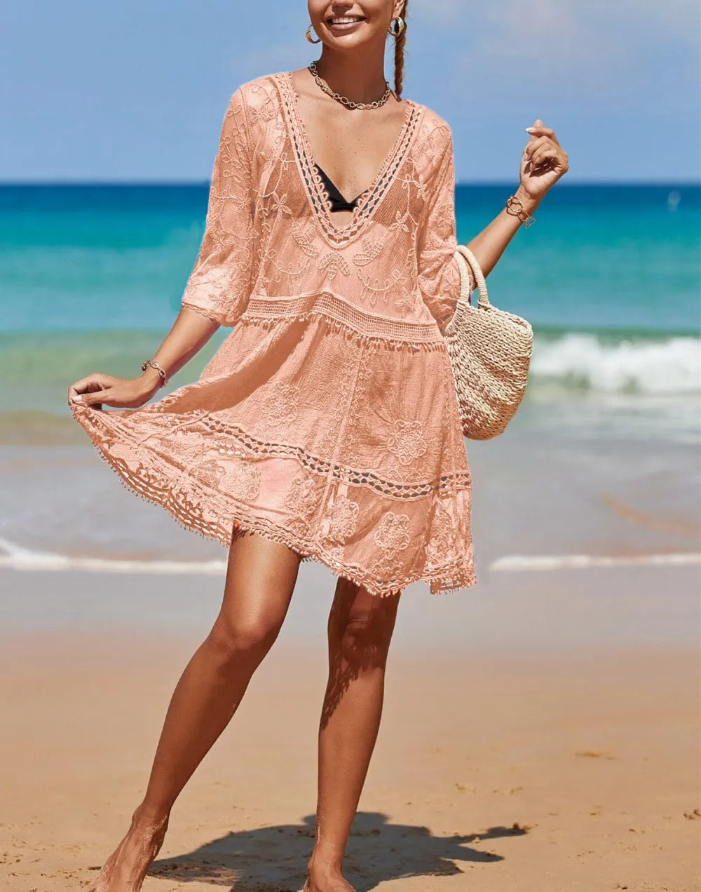 Women's Contrast Lace Bathing Suit Cover Up V-Neck Swimsuit Coverups Loose Swimwear Beach Dress Beachwear