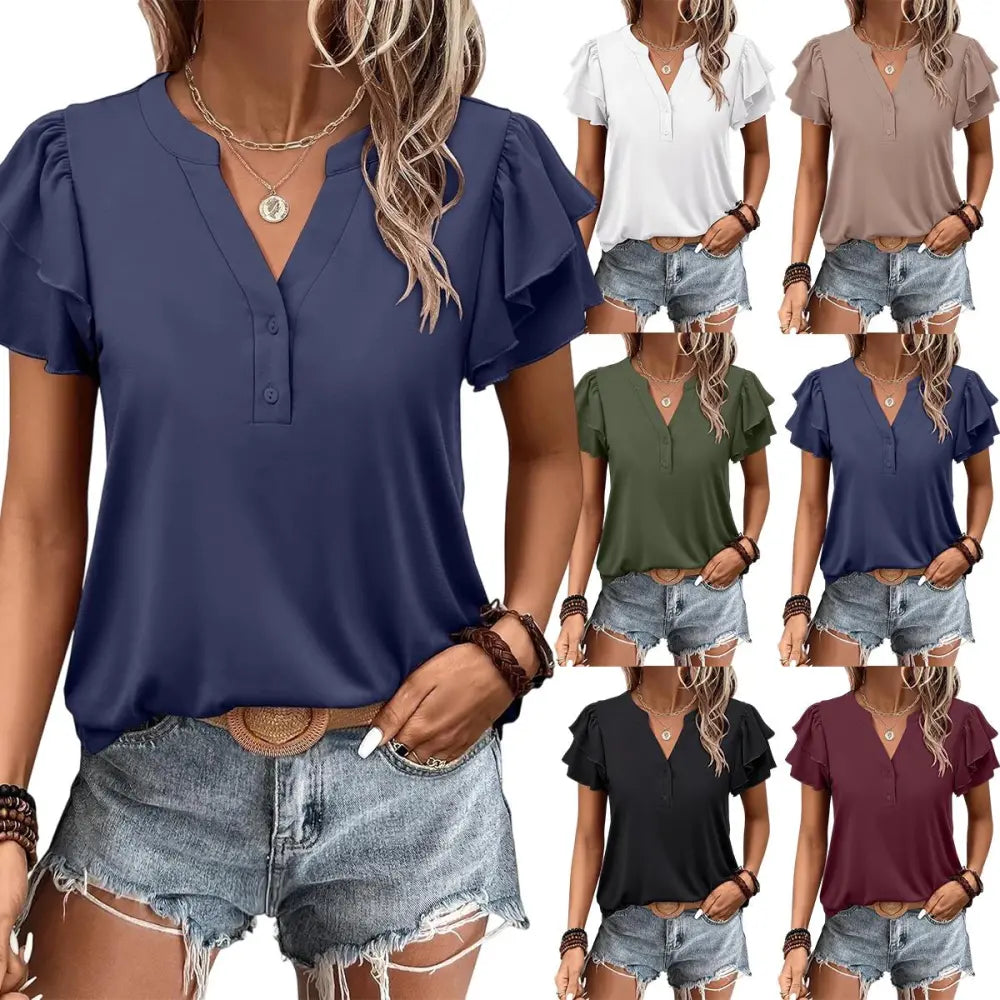 ANRABESS Womens Tops Dressy Casual Ruffle Short Sleeve V Neck Blouses Summer Button Down Business Work Elegant Shirts