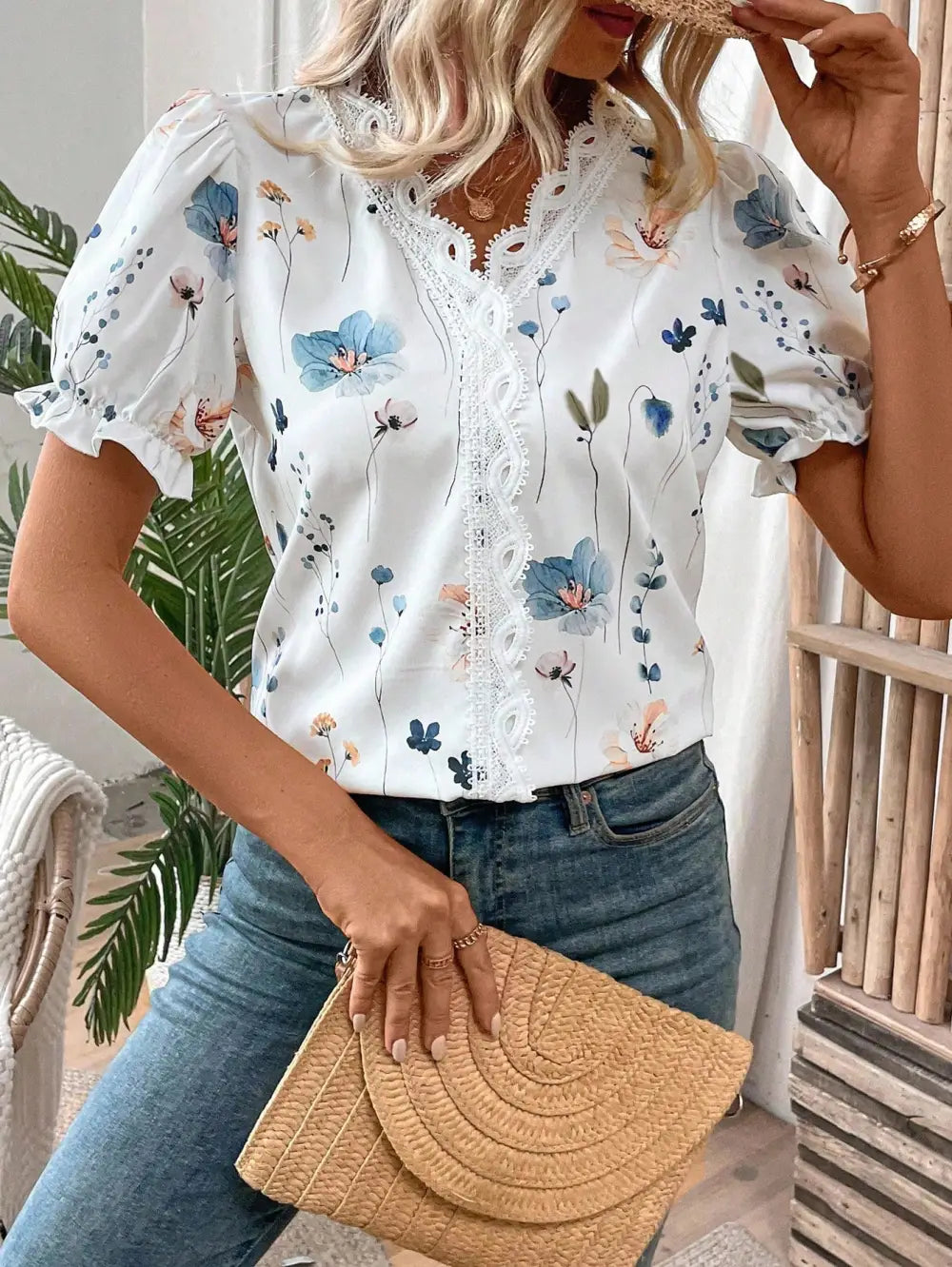Women's Vacation Leisure Floral Print Contrast Lace Puff Sleeve Shirt,Short Sleeve Tops
