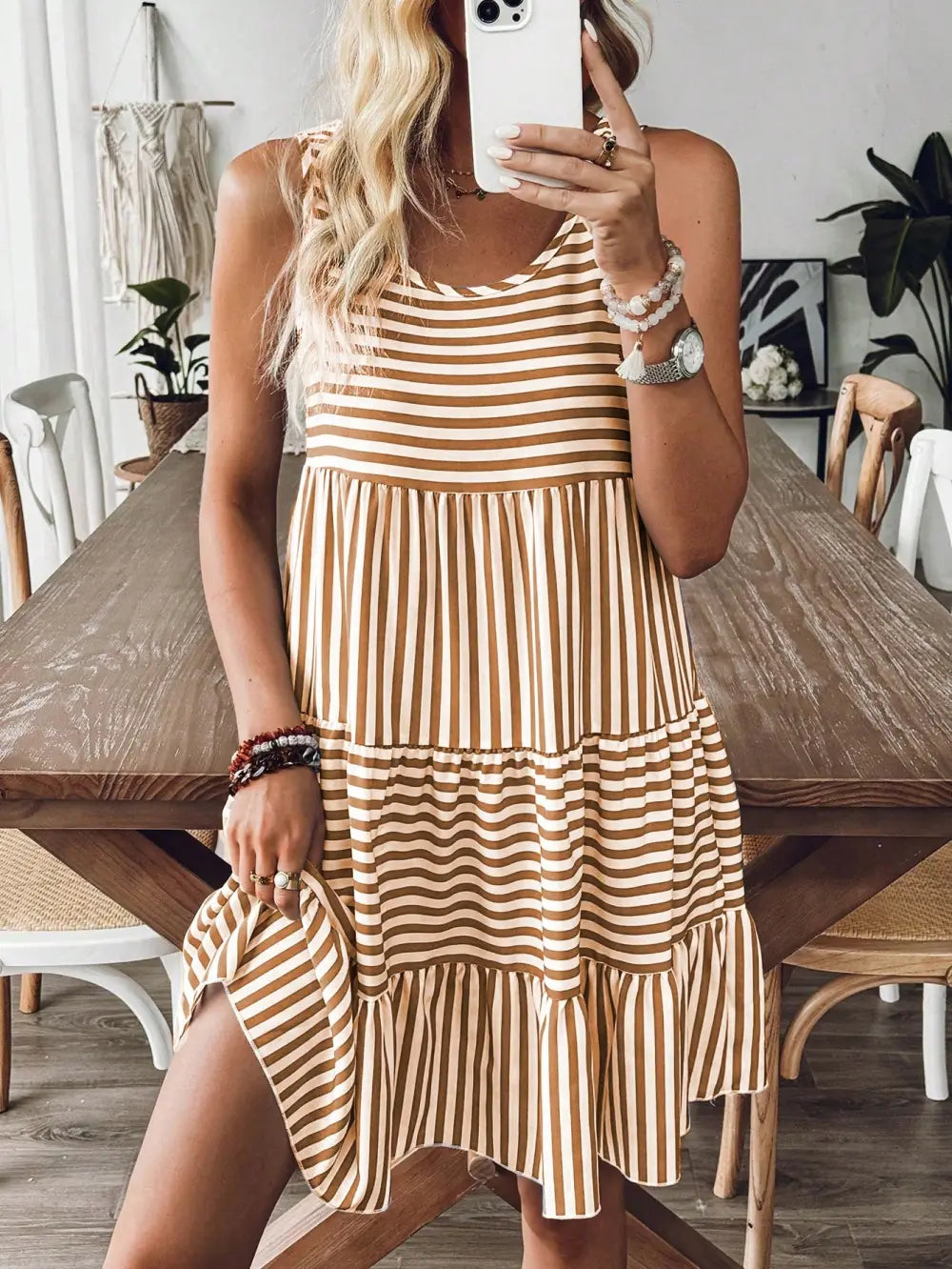Calvaya Vacation Casual Striped Women's Dress, Fashionable For Summer