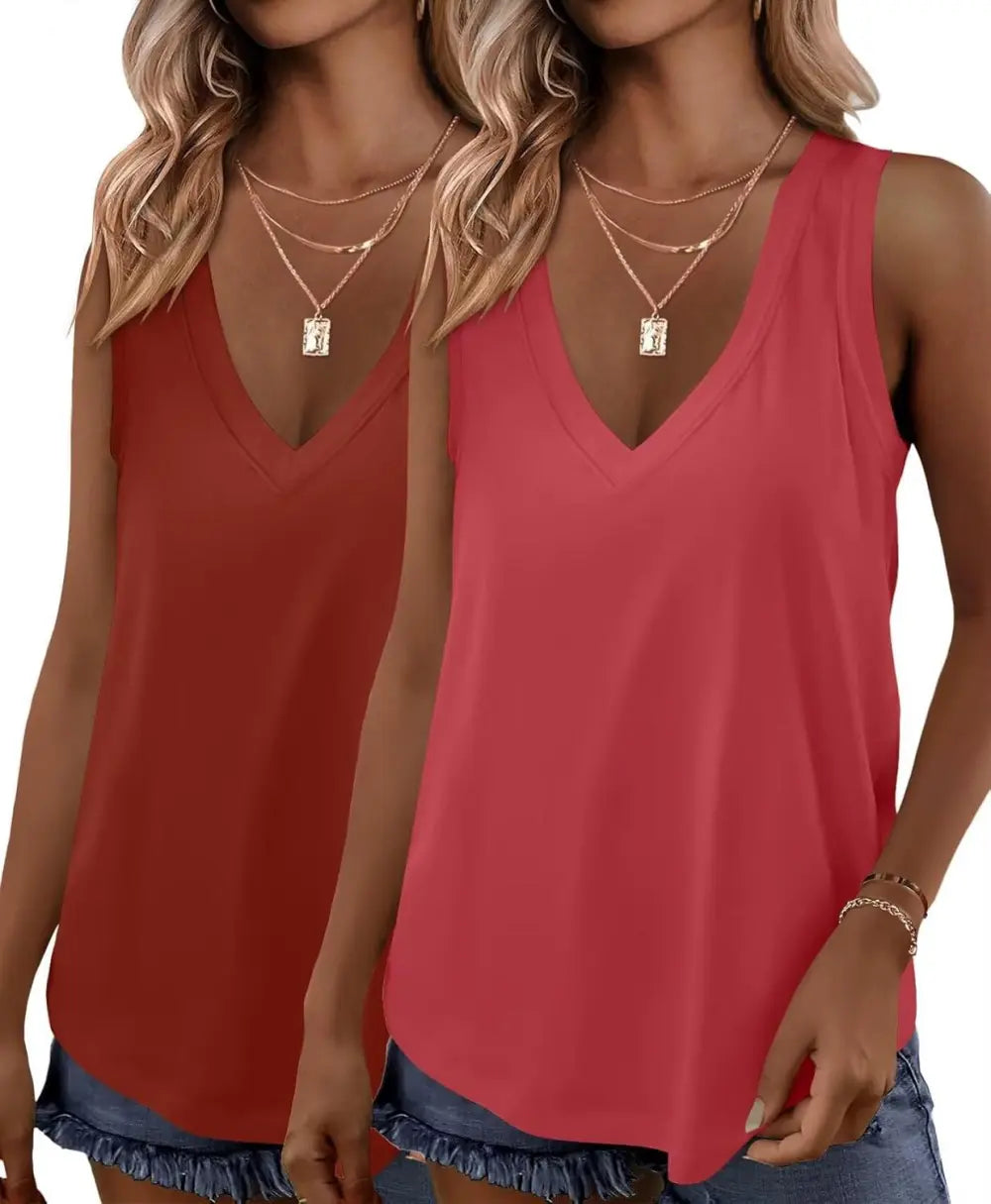 KKJ 2 Pack Womens Tank Tops Summer V Neck Sleeveless Loose Casual Blouses Beach Vacation Outfits Shirt Spring Trendy Clothes