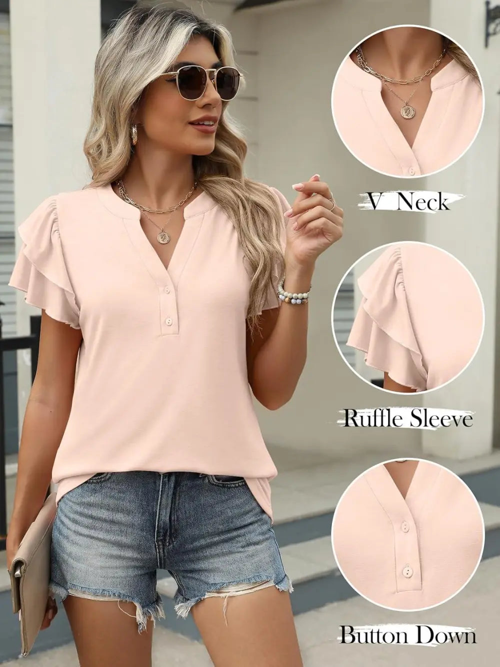 ANRABESS Womens Tops Dressy Casual Ruffle Short Sleeve V Neck Blouses Summer Button Down Business Work Elegant Shirts