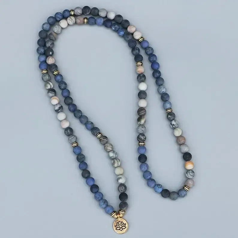 108 Beads Mala Lotus Bracelet-Mala Prayer Bead Necklace-8MM Matte Blue Stone Bracelet-Meditation Yoga Bracelet-Spiritual Chakra Bracelet